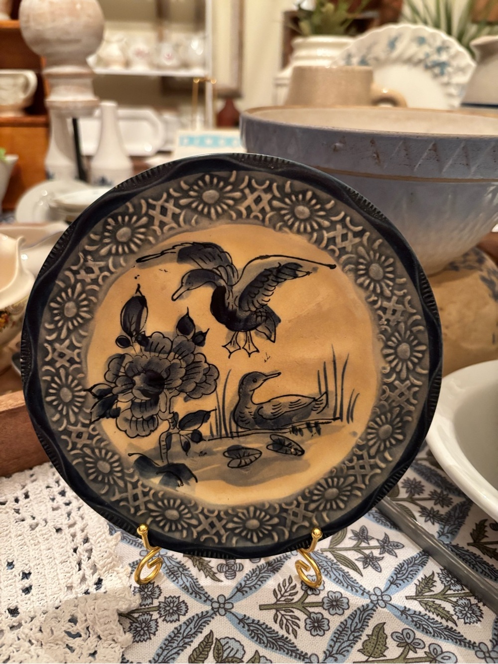 Hand-Painted Decorative Wall Plate in Cream and Blue